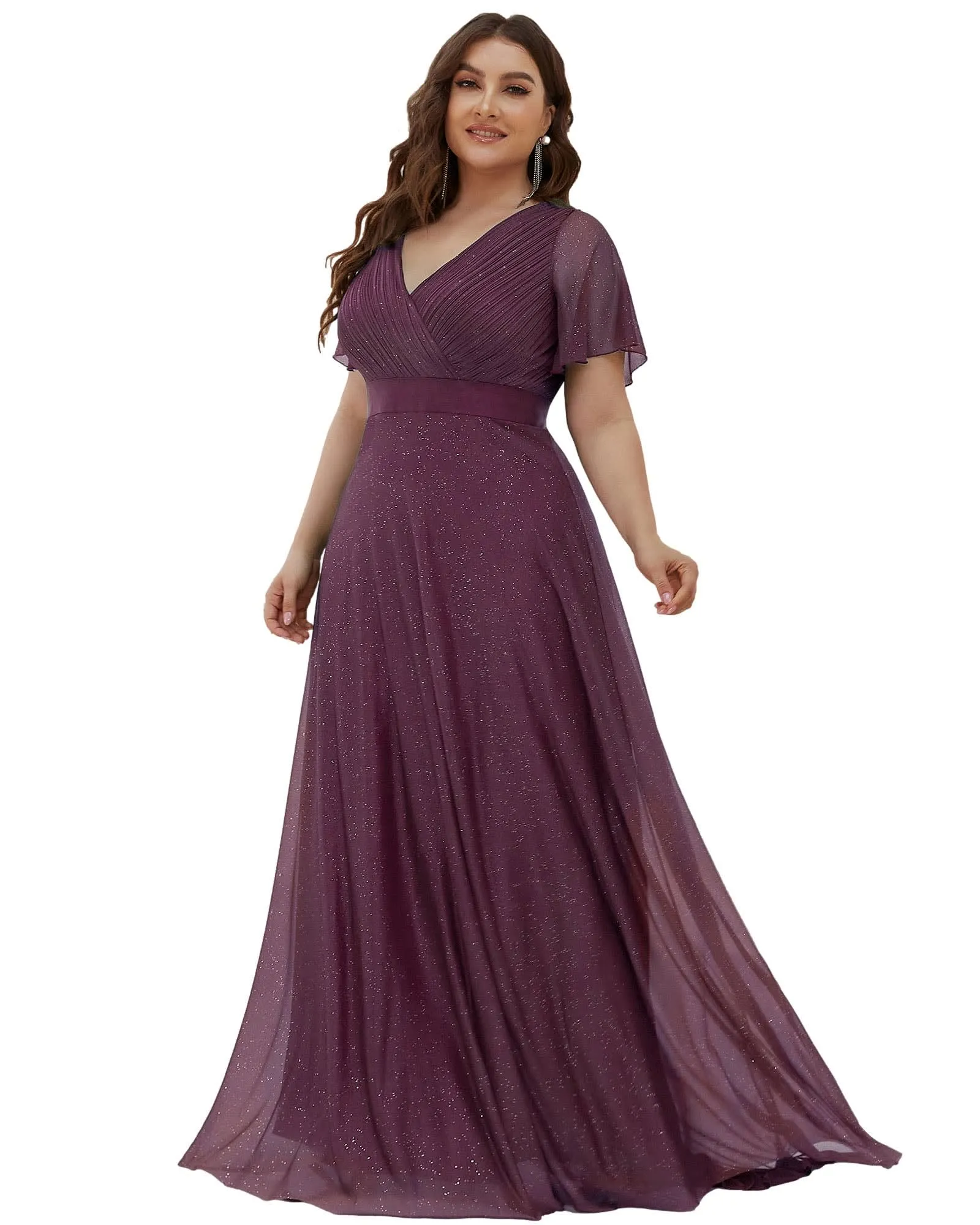Short Sleeve V-Neck Ribbon Waist A-Line Evening Dress | Dark Purple