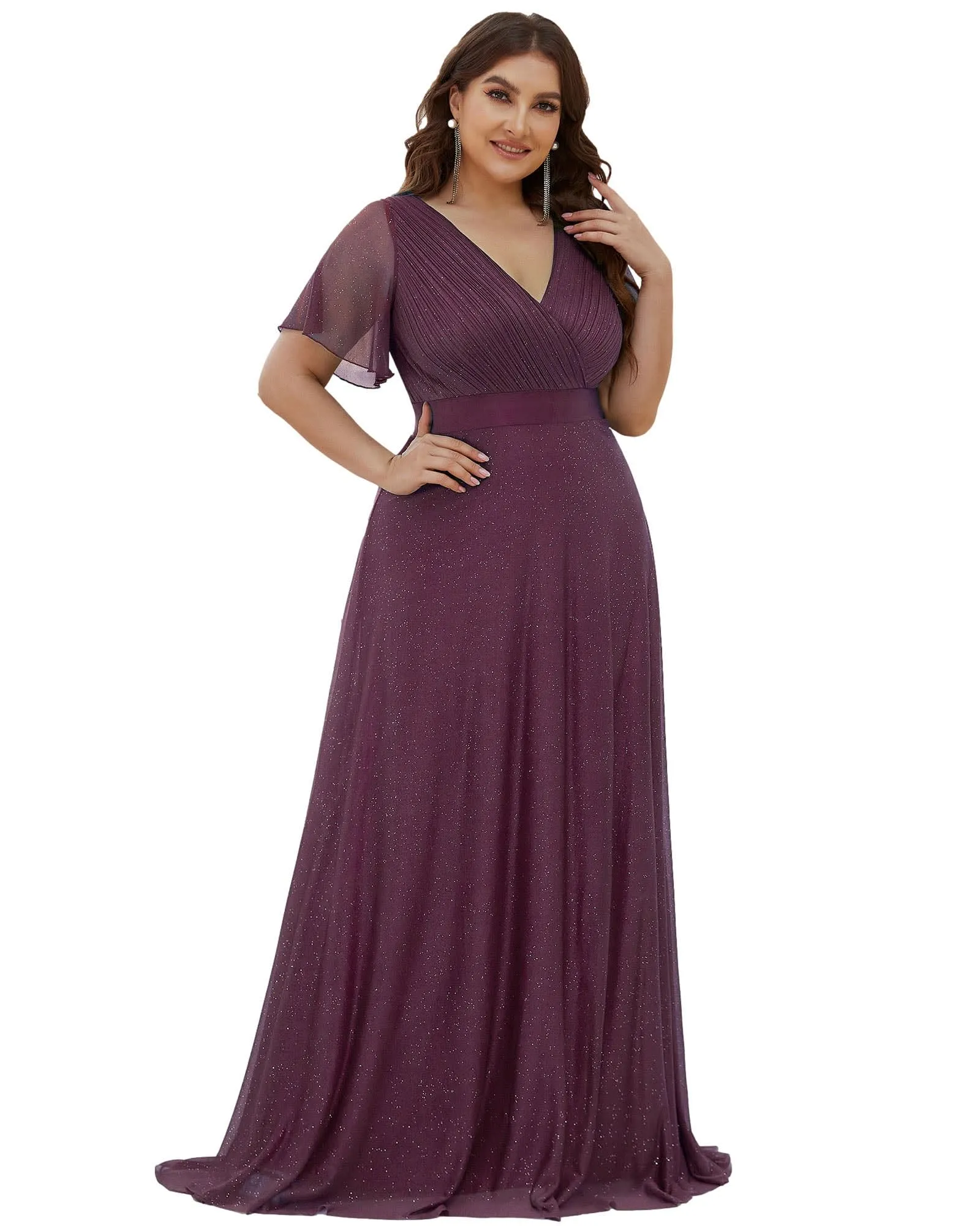 Short Sleeve V-Neck Ribbon Waist A-Line Evening Dress | Dark Purple