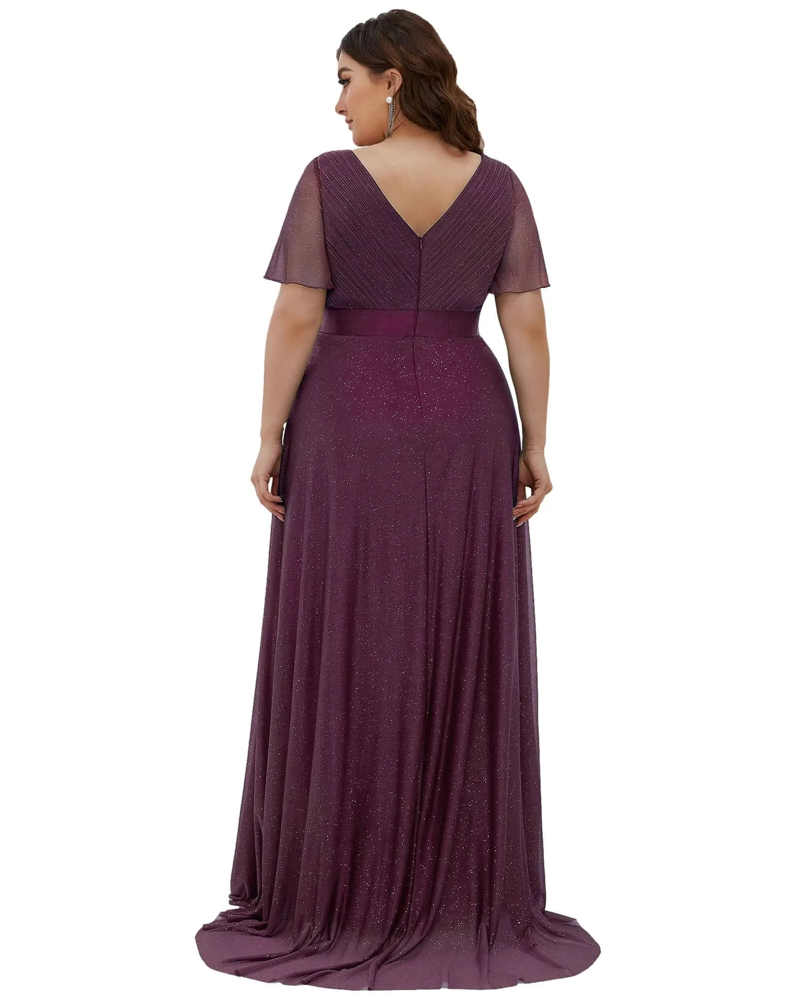 Short Sleeve V-Neck Ribbon Waist A-Line Evening Dress | Dark Purple