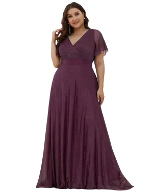 Short Sleeve V-Neck Ribbon Waist A-Line Evening Dress | Dark Purple