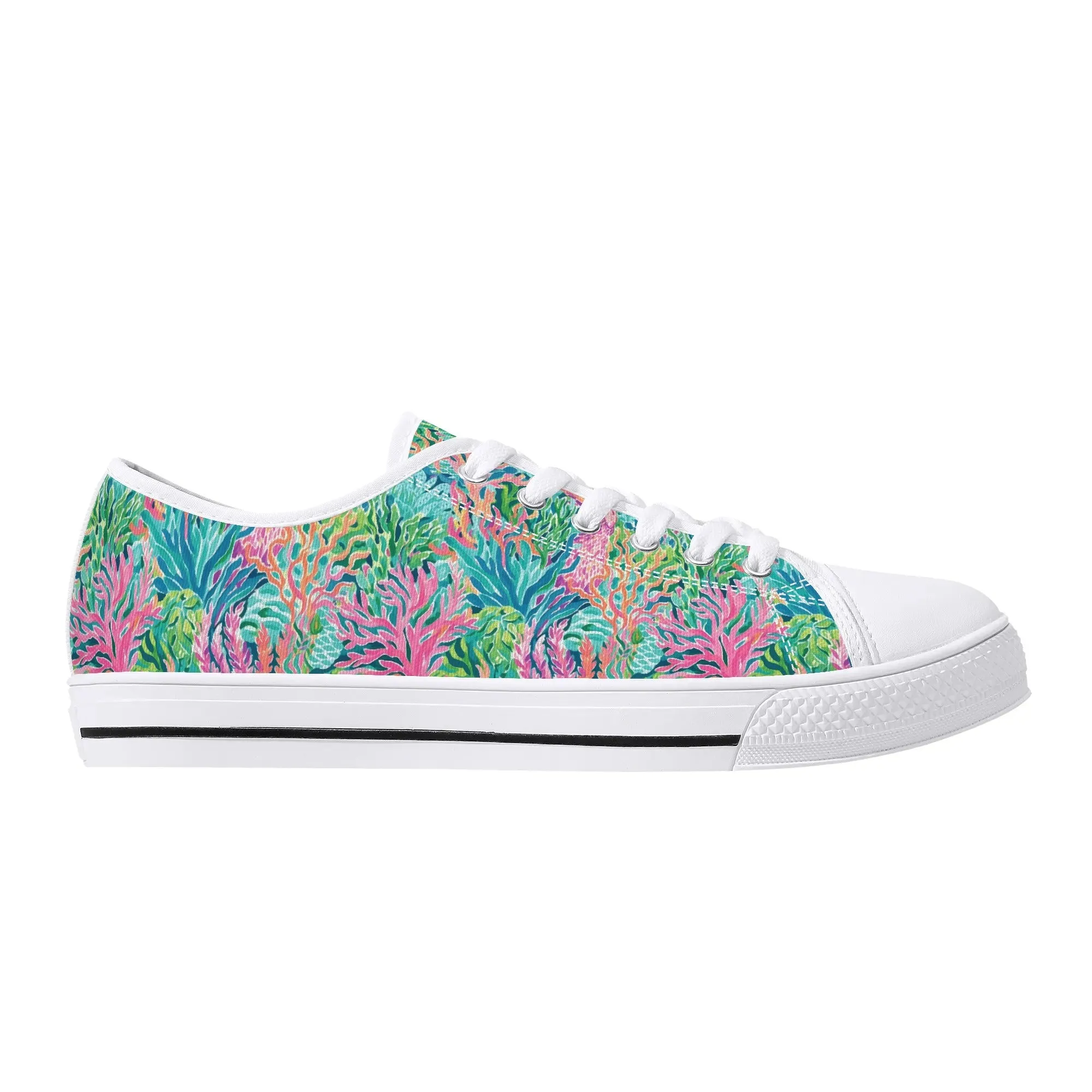 Submerged Spectrum: Vibrant Watercolor Depiction of Underwater Coral Womens Low Top Canvas Sneakers US5.5 - US12