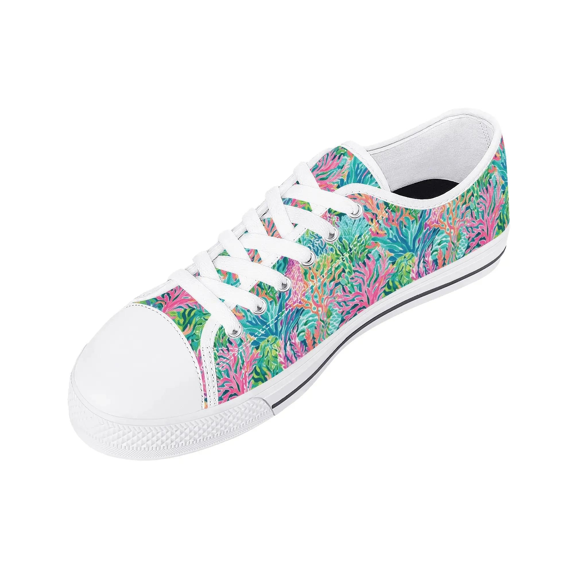 Submerged Spectrum: Vibrant Watercolor Depiction of Underwater Coral Womens Low Top Canvas Sneakers US5.5 - US12