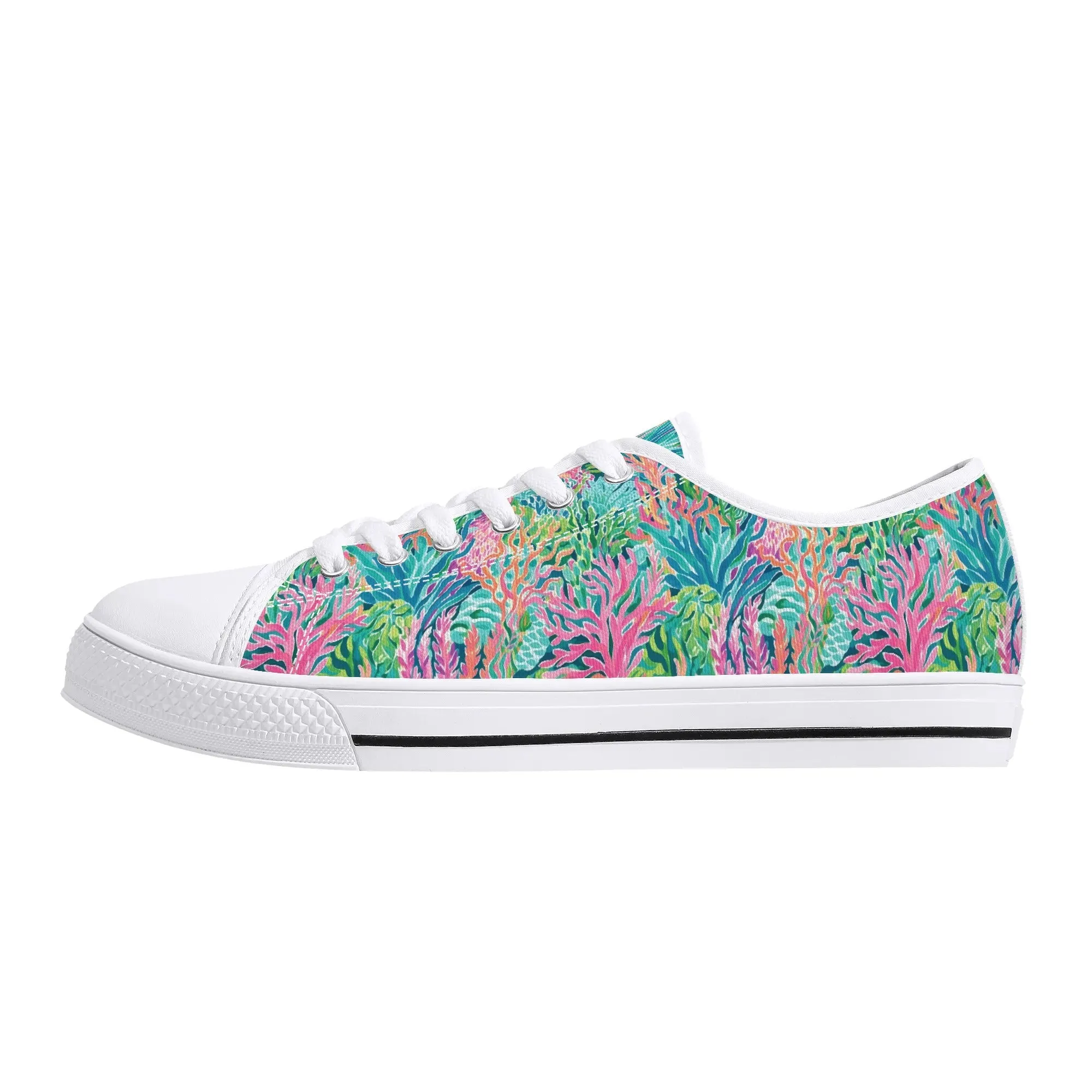 Submerged Spectrum: Vibrant Watercolor Depiction of Underwater Coral Womens Low Top Canvas Sneakers US5.5 - US12