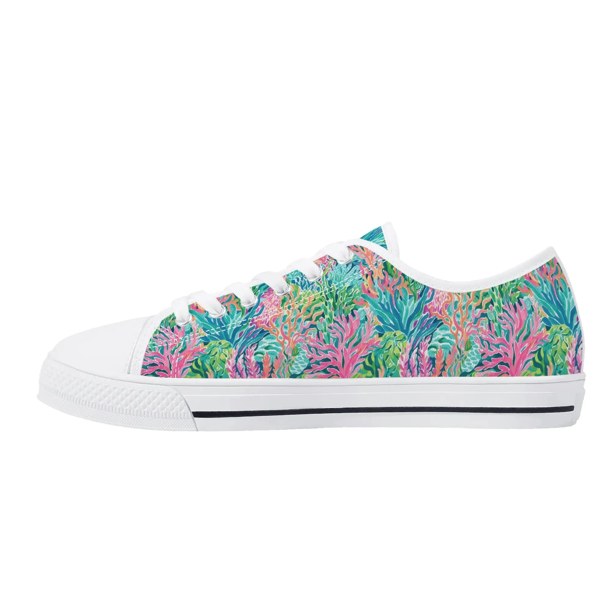 Submerged Spectrum: Vibrant Watercolor Depiction of Underwater Coral Womens Low Top Canvas Sneakers US5.5 - US12