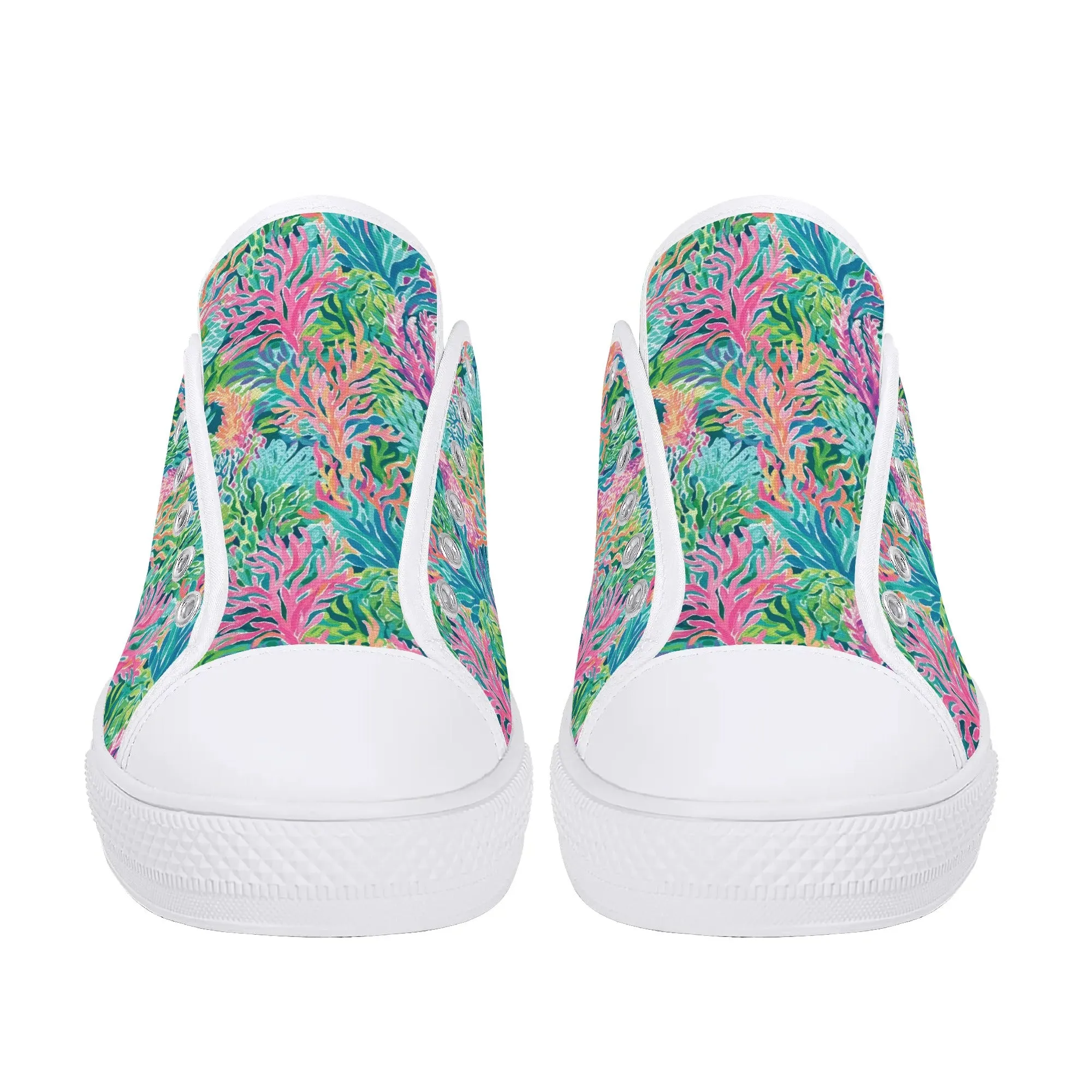 Submerged Spectrum: Vibrant Watercolor Depiction of Underwater Coral Womens Low Top Canvas Sneakers US5.5 - US12