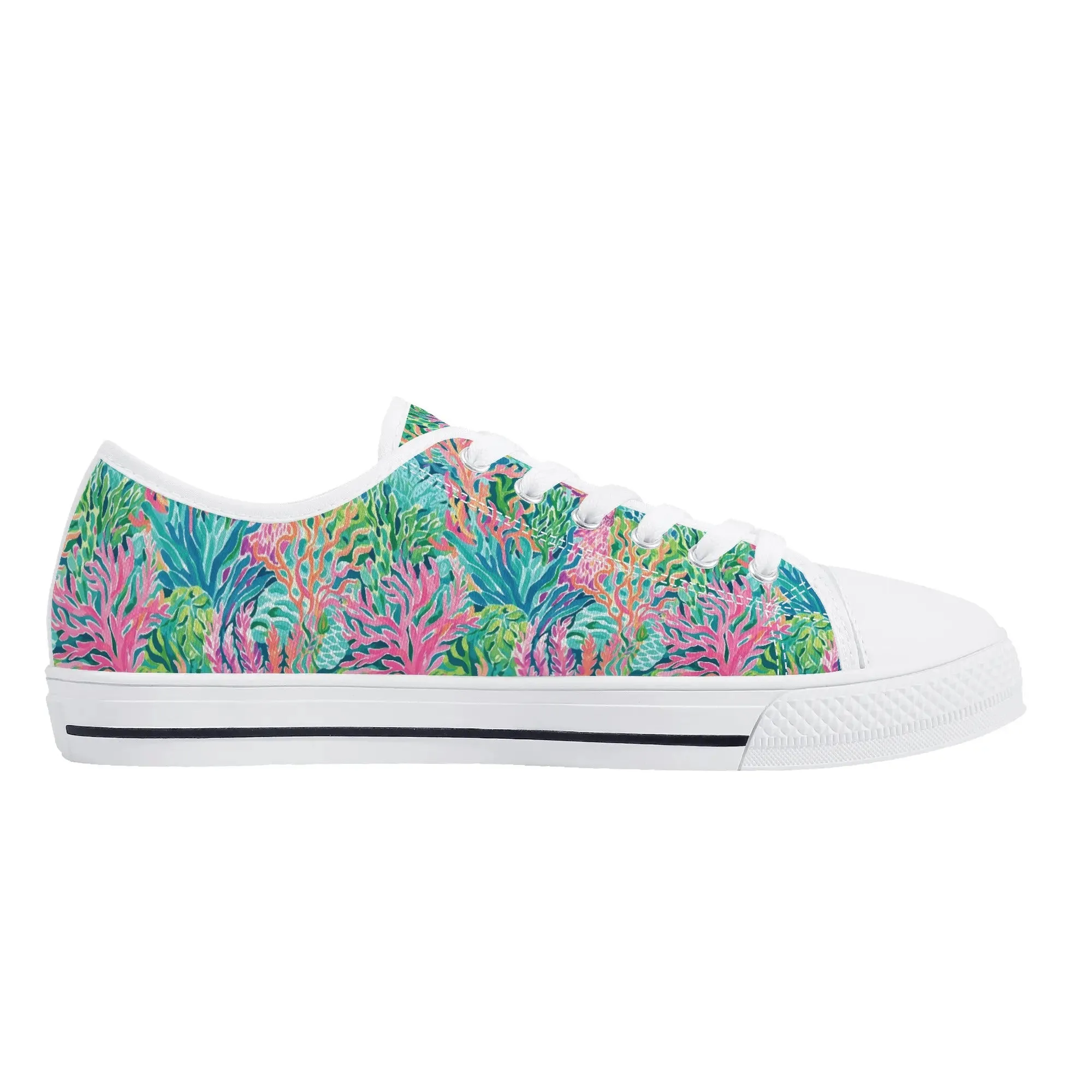 Submerged Spectrum: Vibrant Watercolor Depiction of Underwater Coral Womens Low Top Canvas Sneakers US5.5 - US12