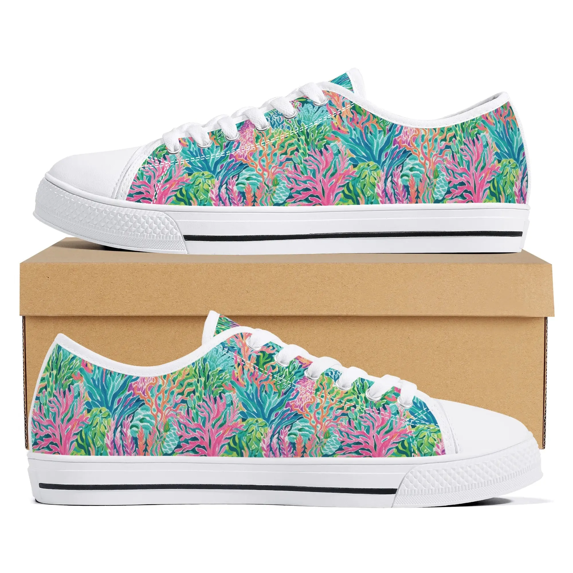 Submerged Spectrum: Vibrant Watercolor Depiction of Underwater Coral Womens Low Top Canvas Sneakers US5.5 - US12