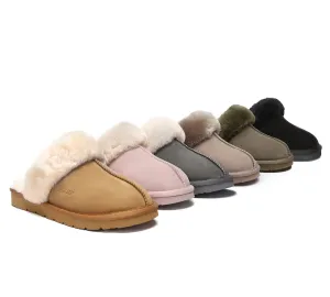 UGG Slippers Women Men Sheepskin Wool Suede Scuff Slippers Muffin