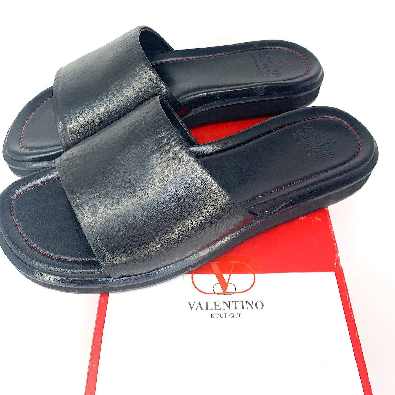 Valentino Garavani Black Leather Men's Slide Sandals- Size 44 EU/10 US