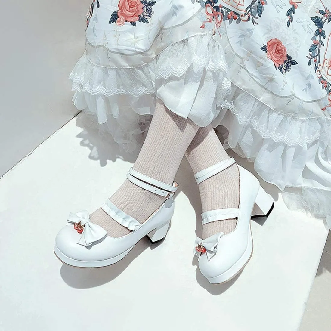 VOKLIN Women's Girls Lolita Mary Jane Pumps Sweet Bow Ankle Strap Platform Block Mid Heel Oxford Dress Shoes