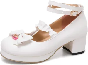 VOKLIN Women's Girls Lolita Mary Jane Pumps Sweet Bow Ankle Strap Platform Block Mid Heel Oxford Dress Shoes