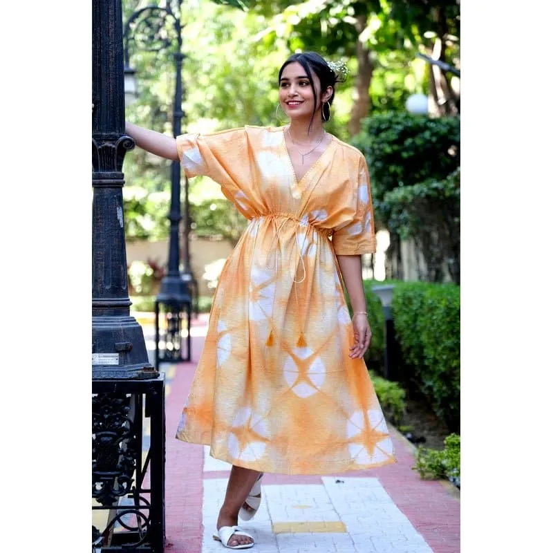 Women Yellow Clamp Dye Kaftaan Dress