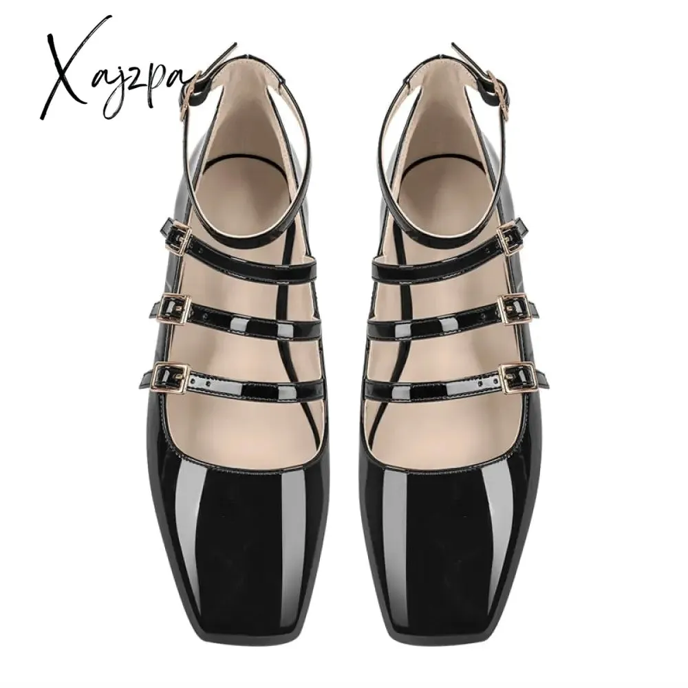 Xajzpa - Women Flats Square Toe Patent Leather Mary Jane  Strap Retro Elegant Big Size Daily Flats Pumps