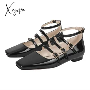 Xajzpa - Women Flats Square Toe Patent Leather Mary Jane  Strap Retro Elegant Big Size Daily Flats Pumps