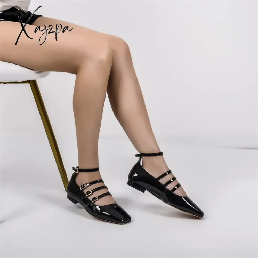 Xajzpa - Women Flats Square Toe Patent Leather Mary Jane  Strap Retro Elegant Big Size Daily Flats Pumps
