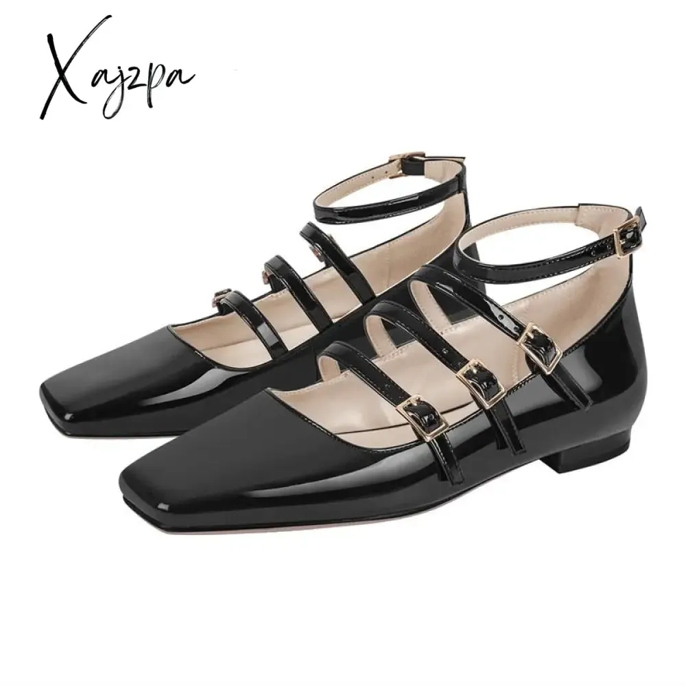 Xajzpa - Women Flats Square Toe Patent Leather Mary Jane  Strap Retro Elegant Big Size Daily Flats Pumps