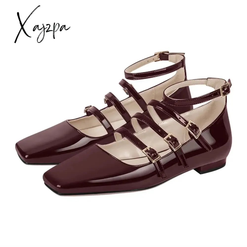 Xajzpa - Women Flats Square Toe Patent Leather Mary Jane  Strap Retro Elegant Big Size Daily Flats Pumps